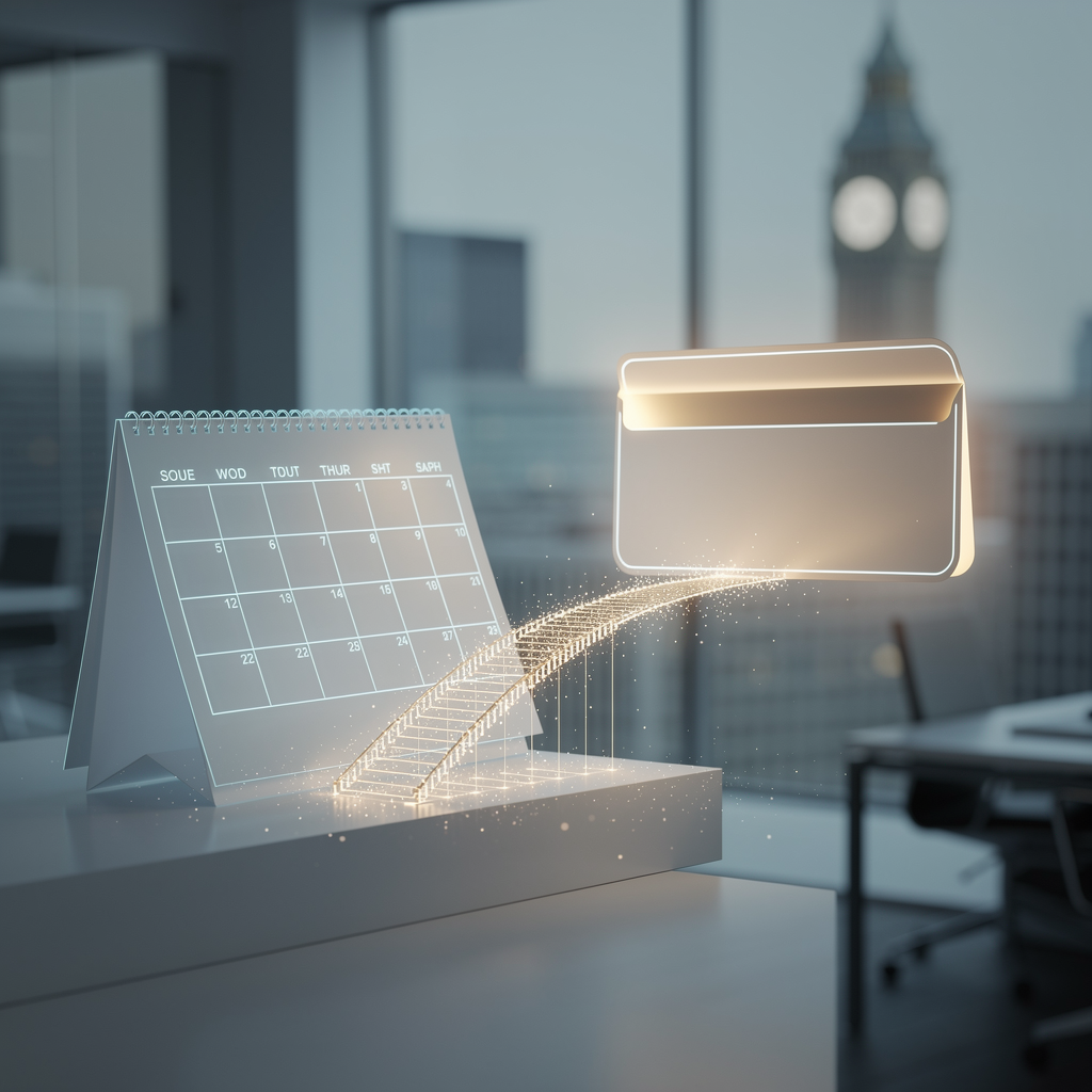 Стилизованная иллюстрация, символизирующая займ до зарплаты: календарь и конверт с зарплатой соединены мостом из света на фоне городского пейзажа.