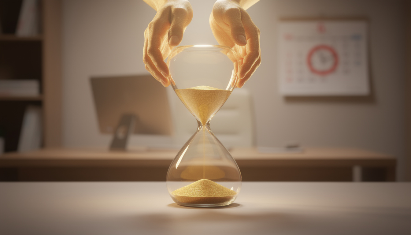 Концептуальное изображение с песочными часами и помогающими руками, символизирующее поиск решения при нехватке времени для погашения займа.