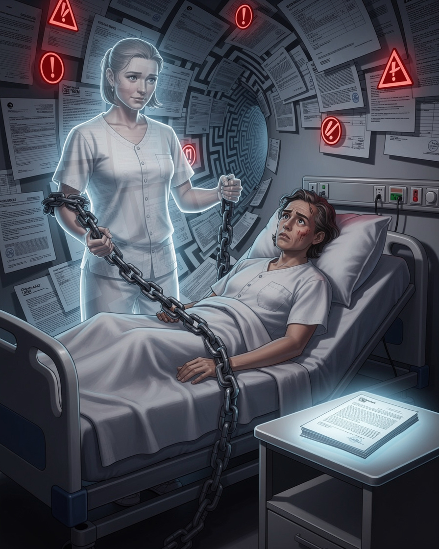 Человек в больничной койке с символической цепью долга и лабиринтом финансовых документов, иллюстрирующий риски кредитов во время болезни.