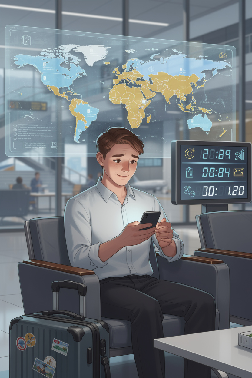 Человек в международной обстановке оформляет микрозайм через смартфон, окружённый символами глобальных финансов и путешествий.