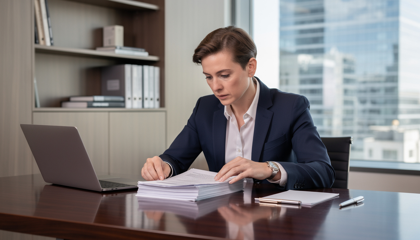 Человек в деловом костюме аккуратно складывает документы на столе в современном офисе.