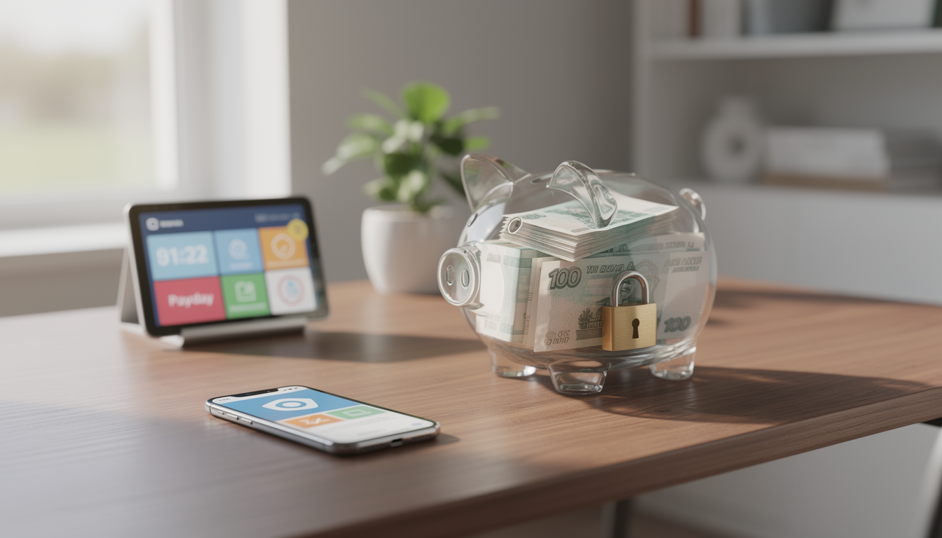 Прозрачная копилка с ограниченным количеством рублей и замком на деревянном столе в домашнем офисе, символизирующая микрозайм до зарплаты.