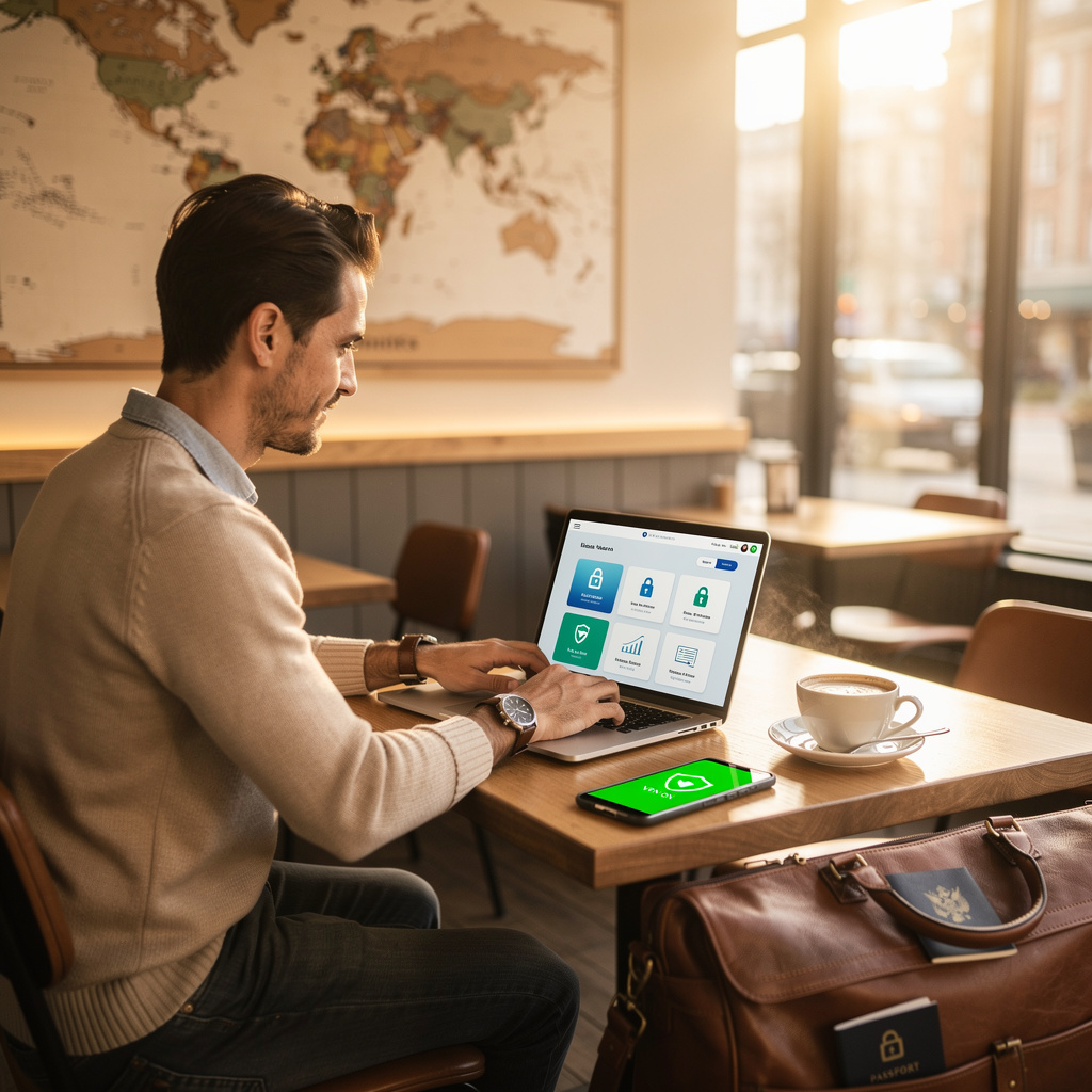 Путешественник за рубежом управляет микрозаймом онлайн в уютном кафе.