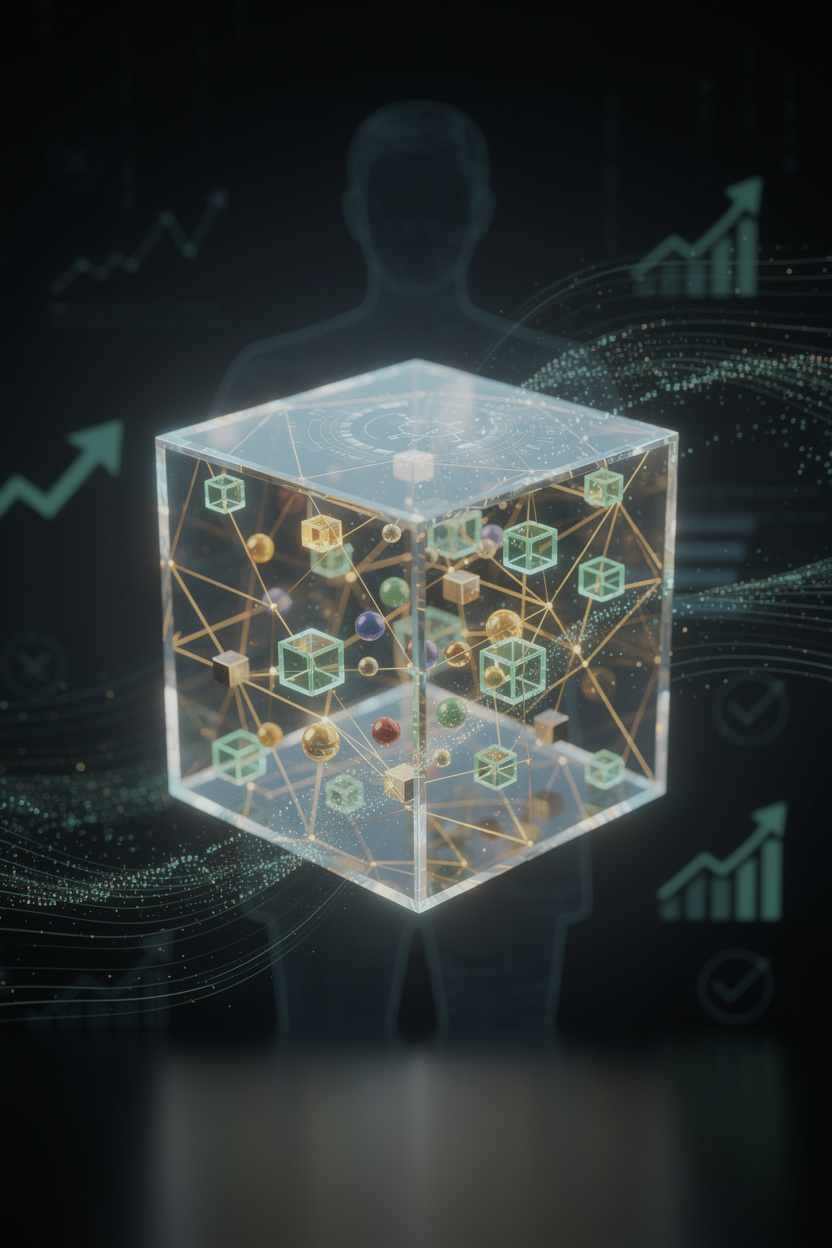 Геометрический куб с атрибутами заявки в окружении данных, символизирующий повышение шансов на одобрение.