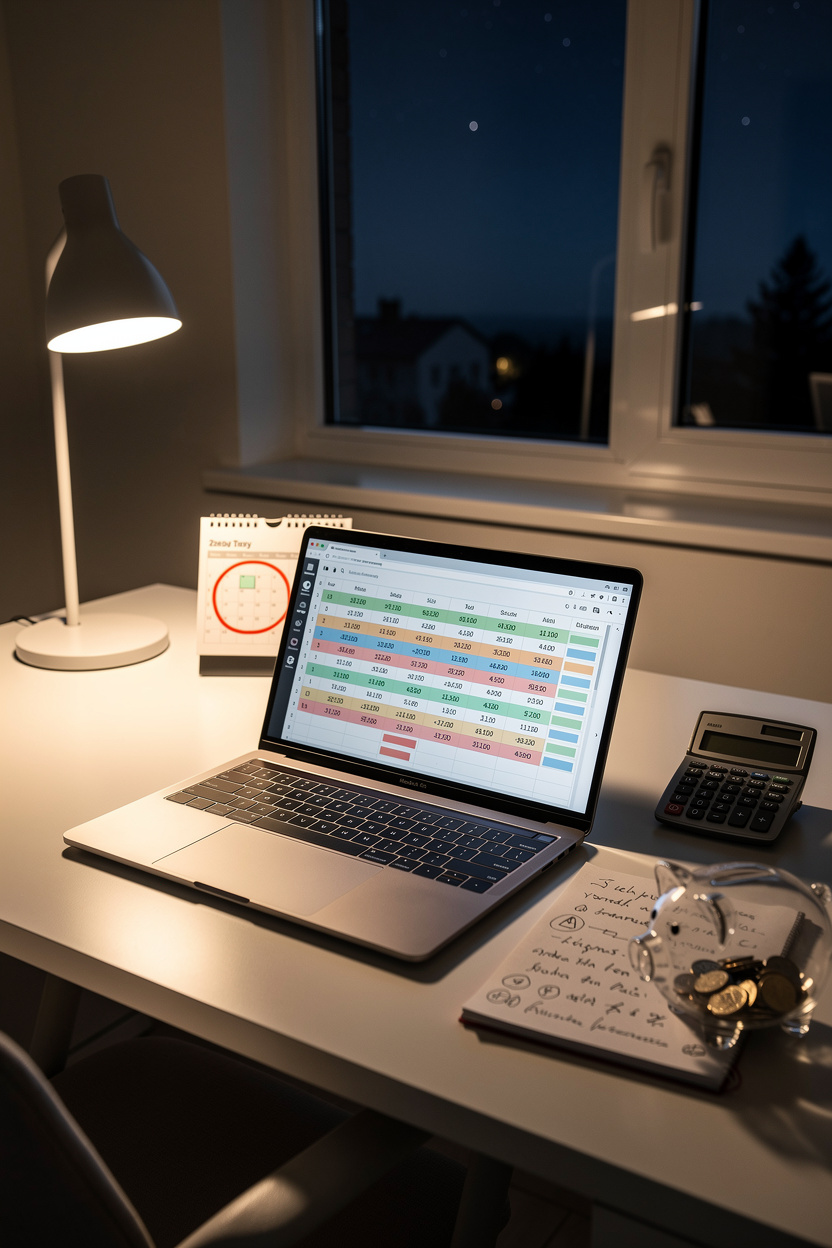 Стол в домашнем офисе с ноутбуком, калькулятором и копилкой, символизирующий разумное управление финансами.