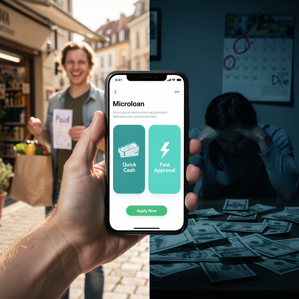 Смартфон с интерфейсом микрозайма на фоне двойной сцены: удобство покупок и стресс от долгов.