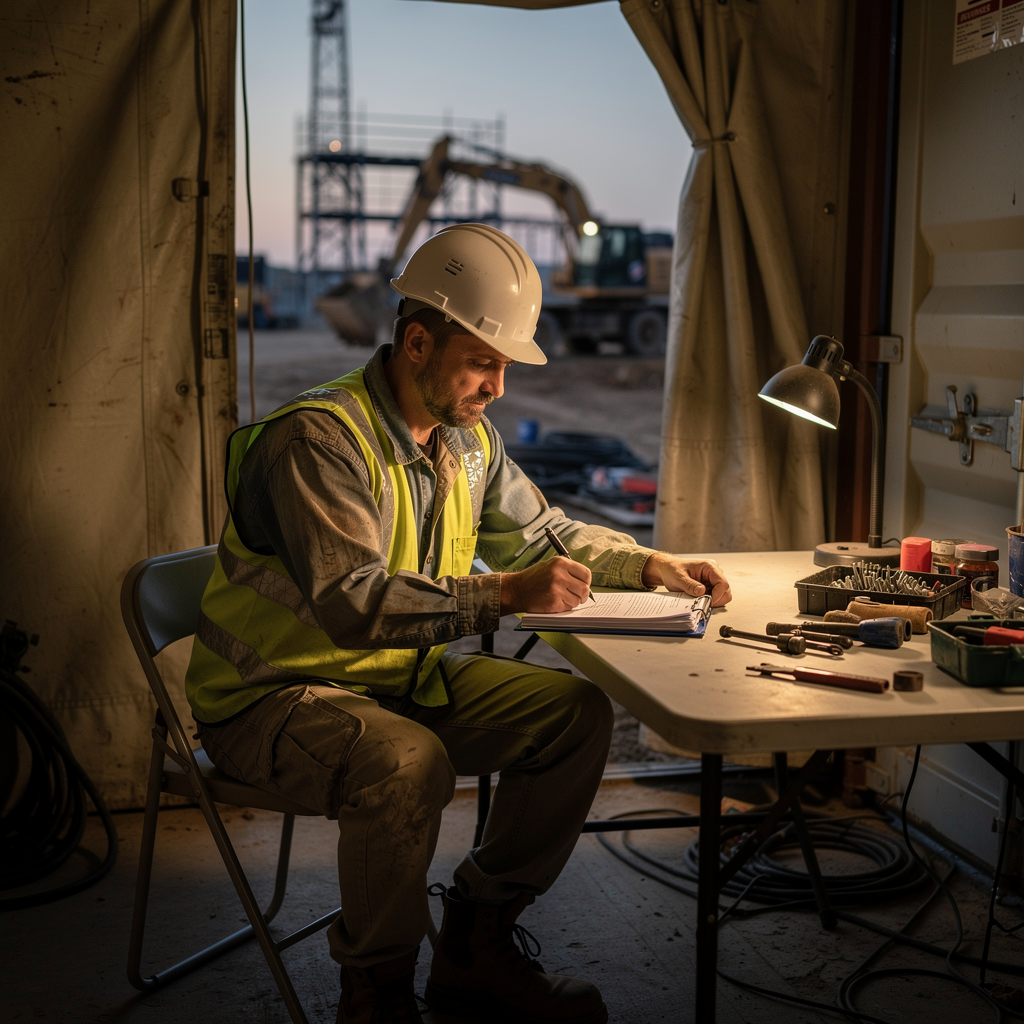 Работник в спецодежде на вахте внимательно изучает договор займа.