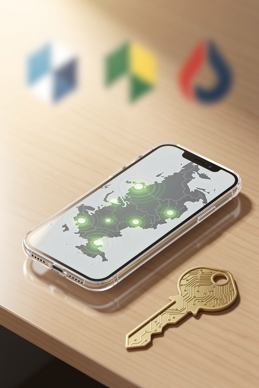 Смартфон с картой России и точками доступа на столе рядом с цифровым ключом и логотипами банков на фоне.