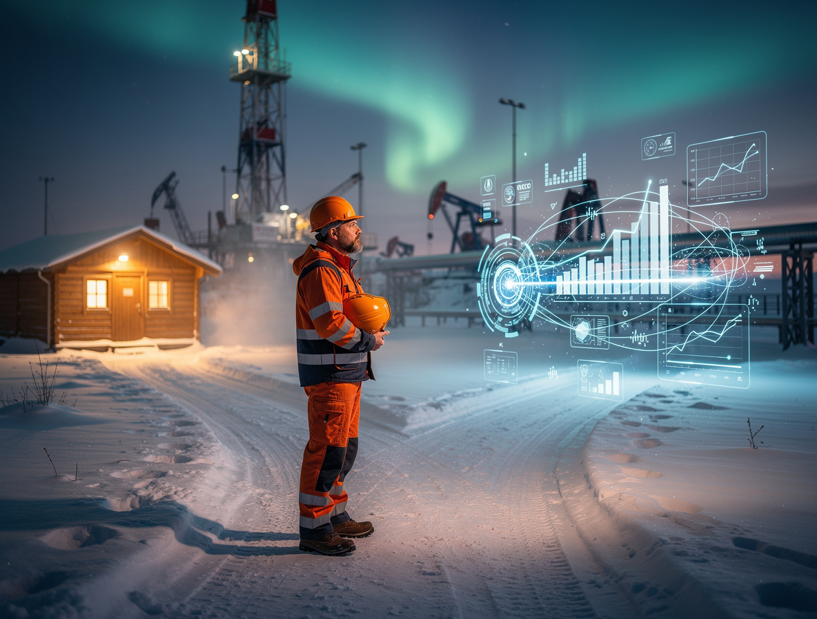 Вахтовик на перепутье в снежной местности выбирает между простым домиком и сложными финансовыми графиками
