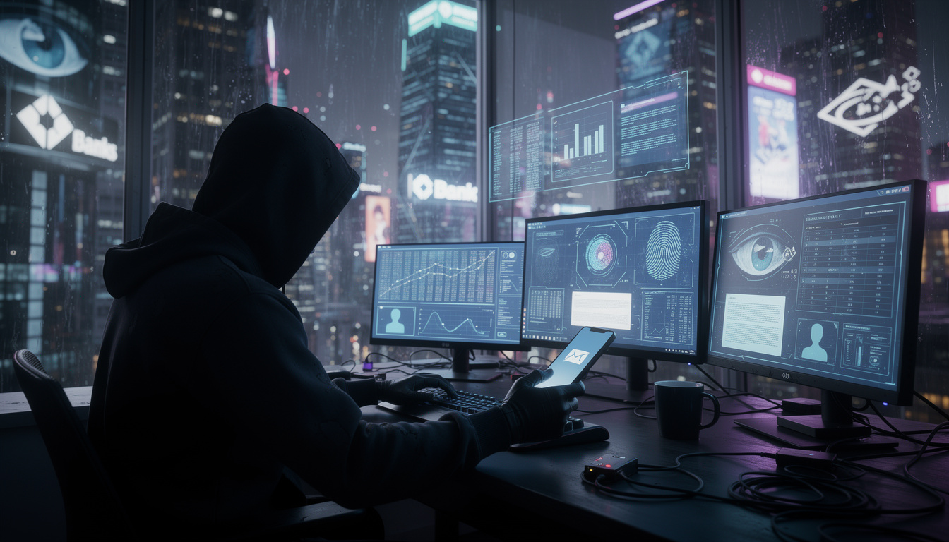 Тёмная фигура в капюшоне за мониторами с данными на фоне неонового города, символизирующая мошенничество с кредитами.
