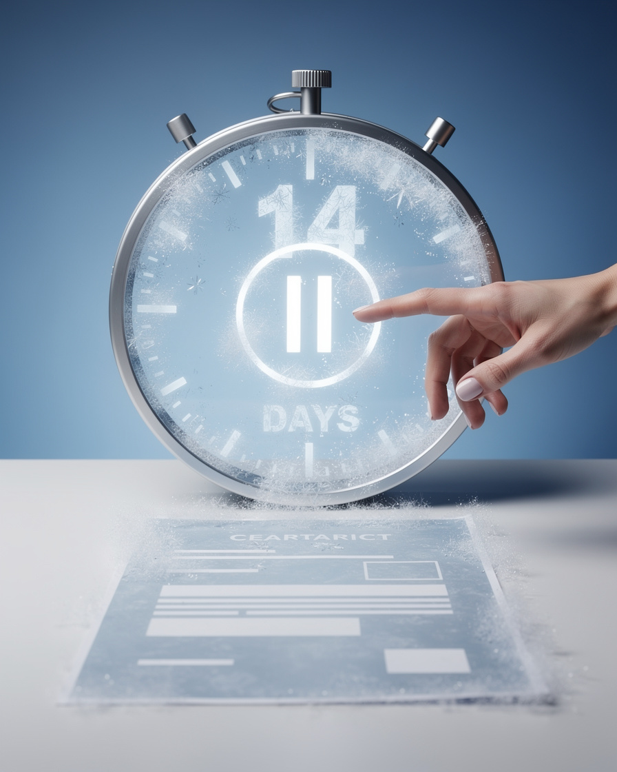 Символическое изображение периода охлаждения по кредиту с часами и паузой на фоне успокаивающих цветов.