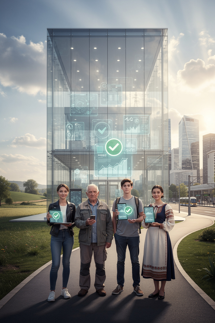 Люди разных профессий и происхождения получают одобрение финансовой поддержки перед современным банком, символизируя доступность без регистрации.