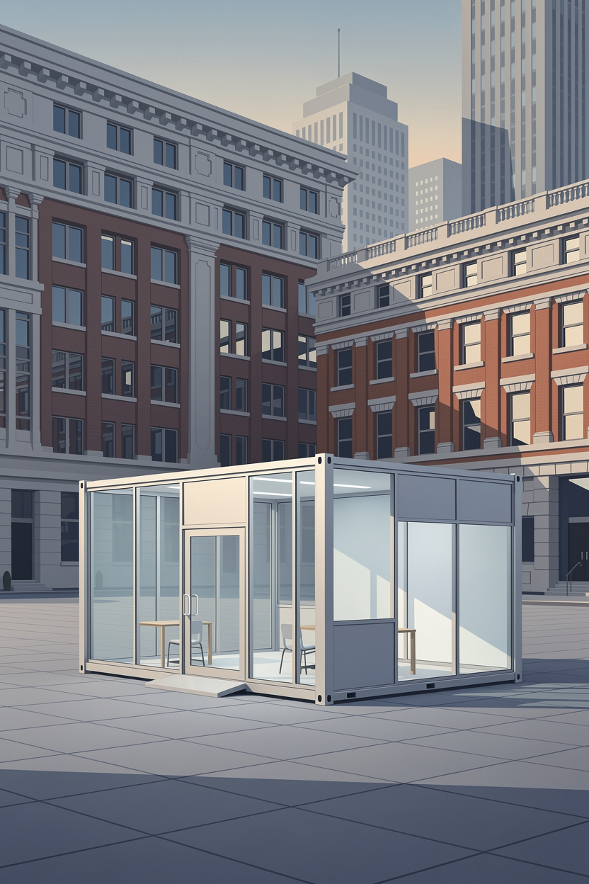 Концептуальное изображение временной и постоянной регистрации в виде архитектурных структур для финансовых услуг.