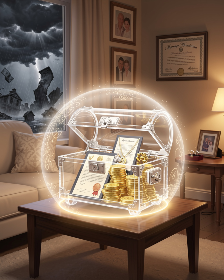 Символичное изображение защищённого сейфа с ценностями в уютном доме, ограждённого от внешней финансовой бури, символизирующее законную защиту имущества супруга при банкротстве.