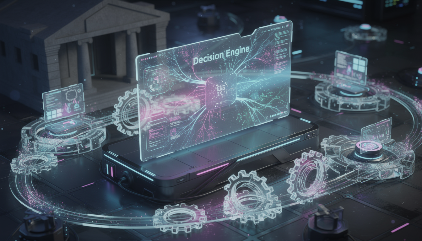 Футуристическая сцена, показывающая автоматизированную работу микрофинансовой организации с голографическим интерфейсом и потоками данных.