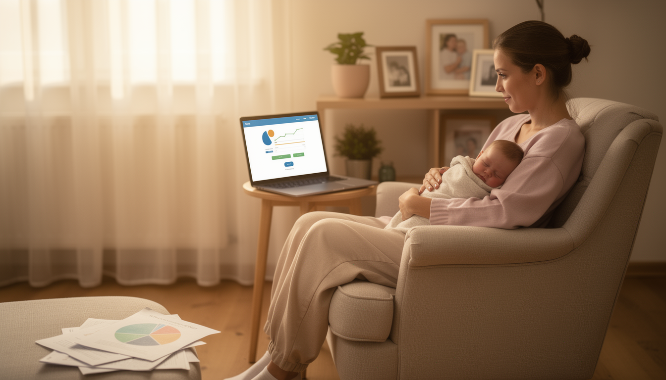 Молодая мама в декретном отпуске размышляет о финансовых возможностях, держа ребёнка на руках в уютной гостиной.