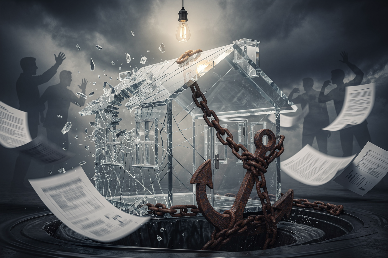 Символическое изображение разбитого стеклянного дома, связанного цепями с якорем долга, в штормовом небе с летающими документами.