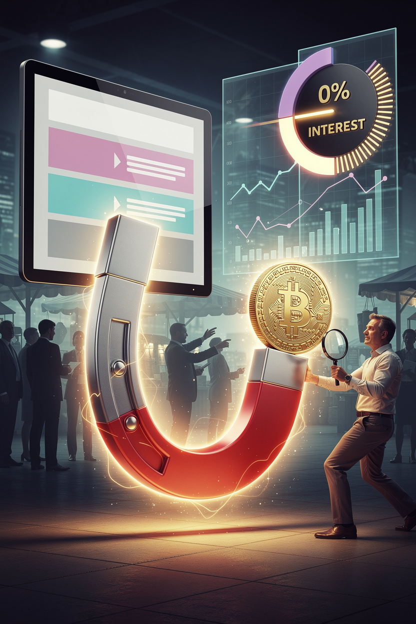 Магнит с золотой монетой привлекает скептичного человека на фоне реалистичного рынка микрозаймов.