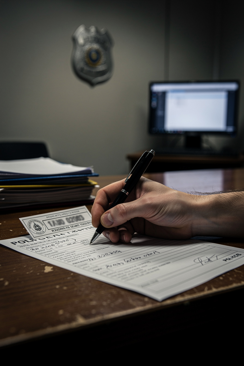 Рука заполняет заявление в полицию с талоном-уведомлением на столе в дежурной части.