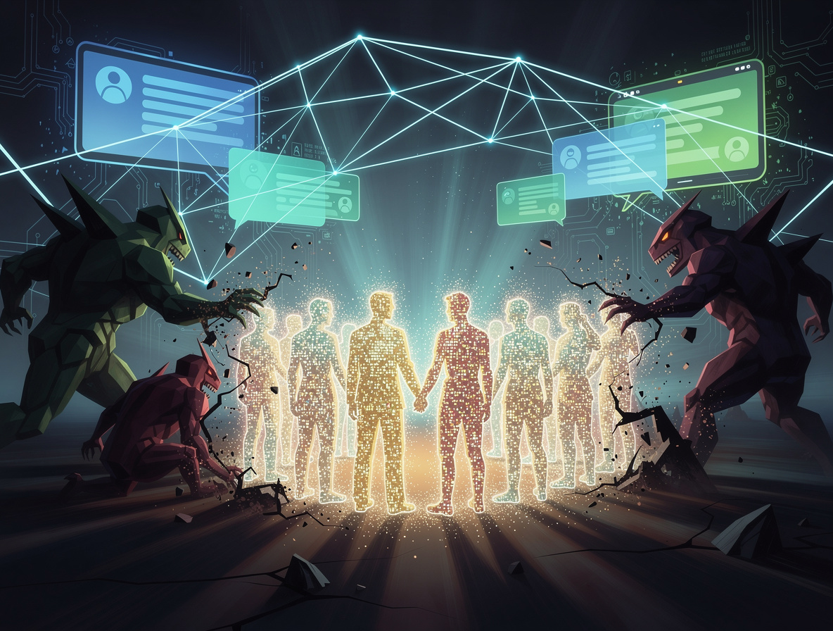 Символическое изображение цифровой сети, где люди объединяются через социальные медиа для борьбы с недобросовестными компаниями.