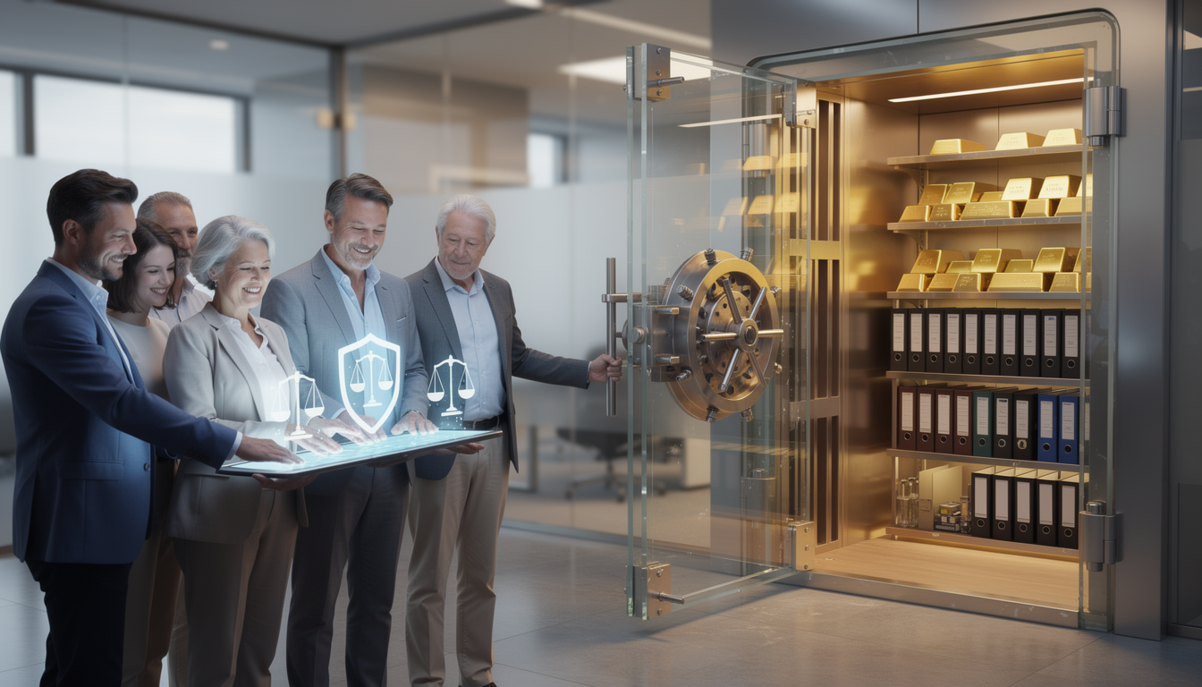 Изображение символизирует защиту средств и прав заёмщика, показывая открытый сейф и людей, взаимодействующих с цифровым щитом.