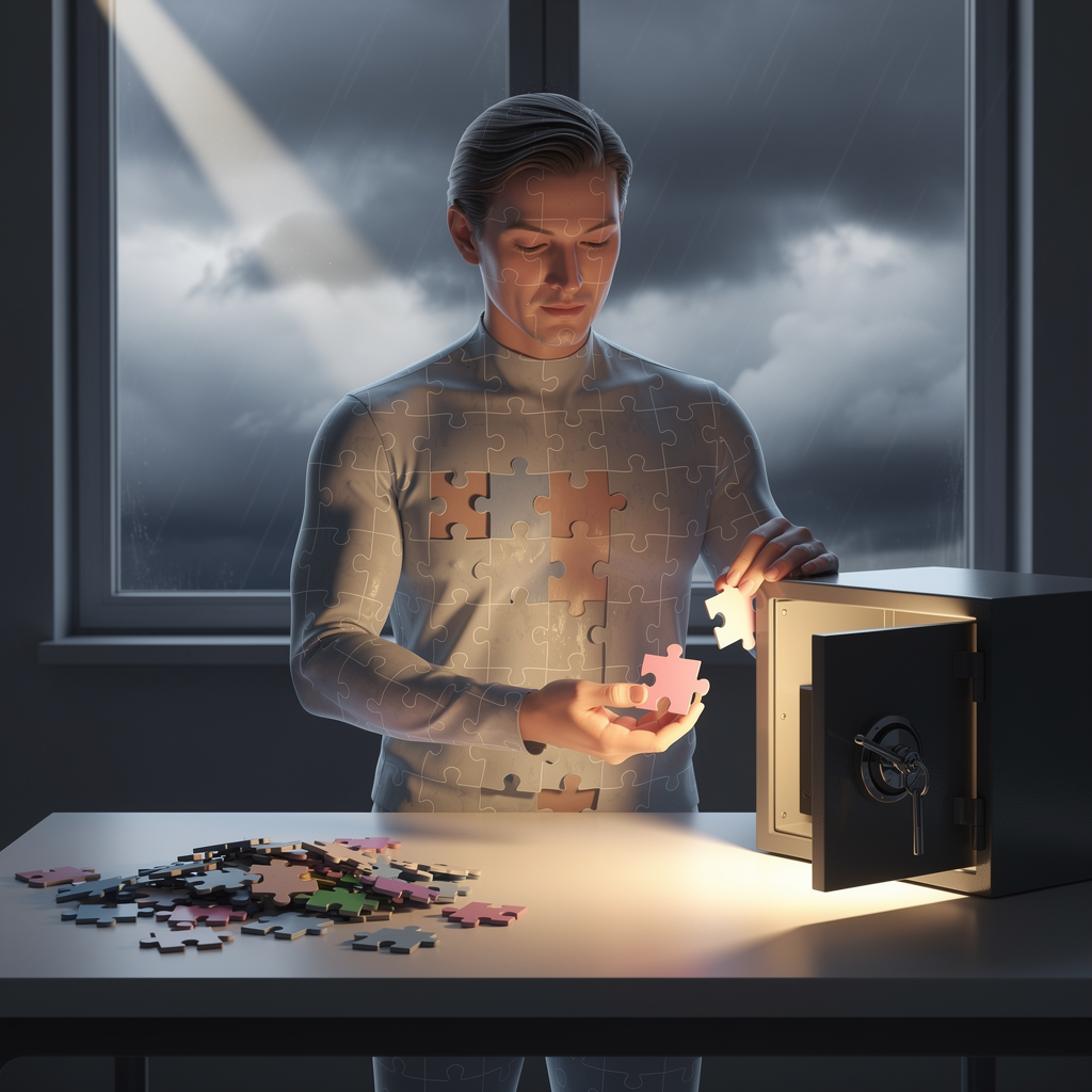 Схематичное изображение разделения активов перед банкротством: фигура человека складывает часть пазлов в сейф, символизируя защиту имущества.