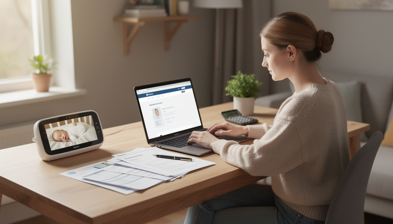 Молодая мама дома за рабочим столом, тщательно собирает документы для оформления кредита, с ноутбуком и детскими принадлежностями рядом.