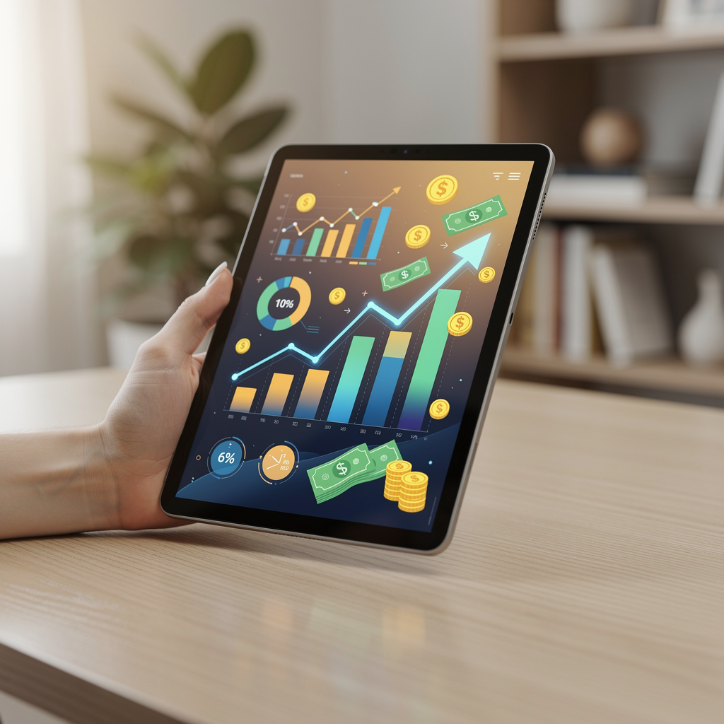 Рука держит планшет с графиками, символизирующими микрозаймы под 0% и маркетинговые стратегии на фоне офиса.