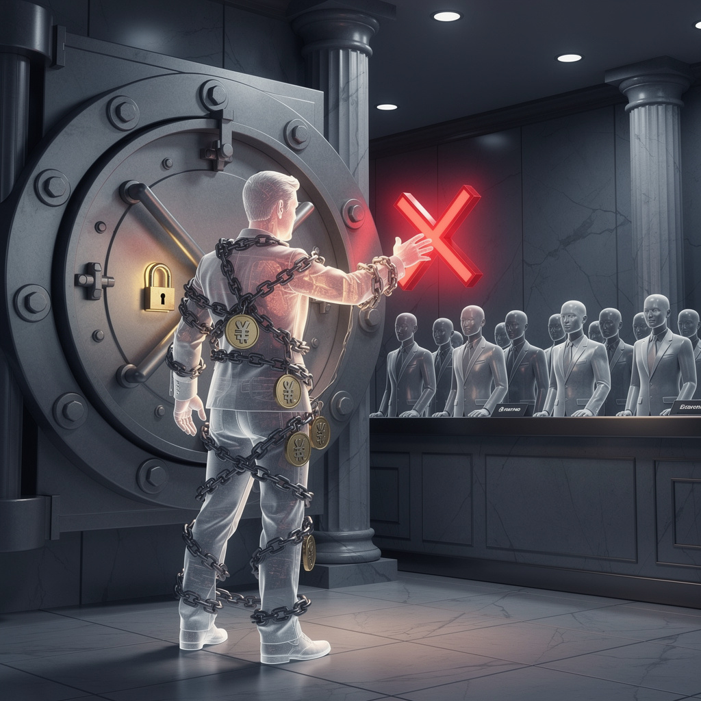 Человек в цепях перед закрытым банковским сейфом, символизирующий невозможность получить займ из-за долгов по алиментам.