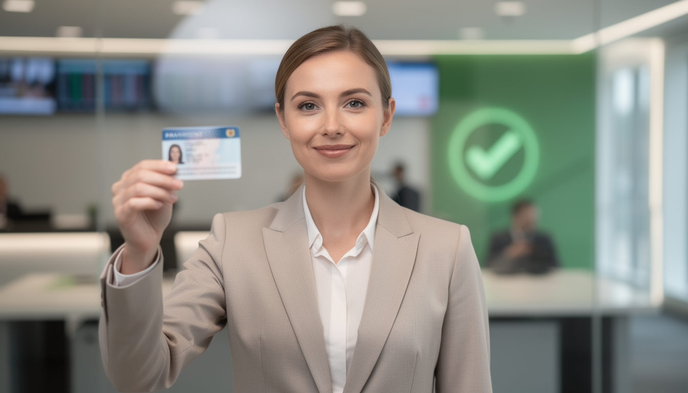 Человек с новым паспортом в офисе, символизирующий прозрачность при смене фамилии и возможность получения займа.