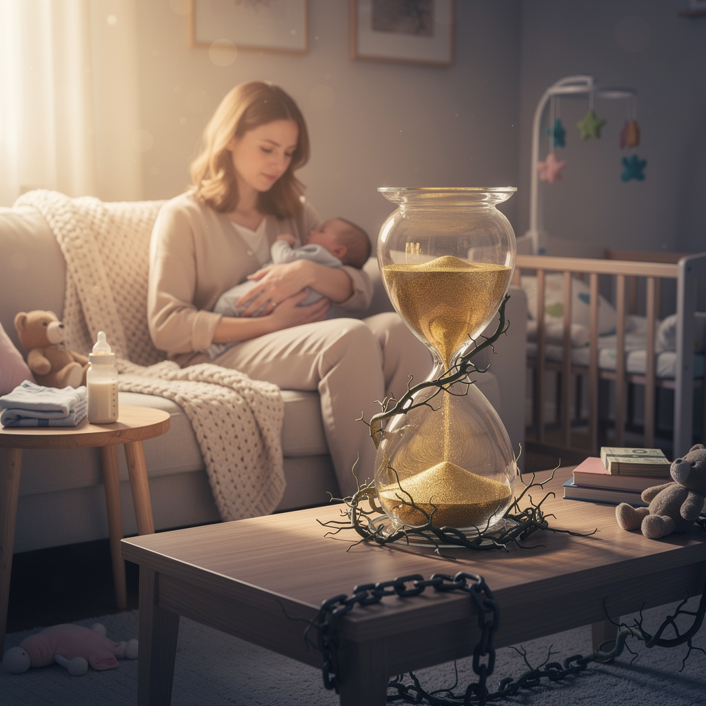 Символичное изображение семьи в уютном доме с песочными часами, окружёнными тенями, иллюстрирующее риски кредита в декрете.