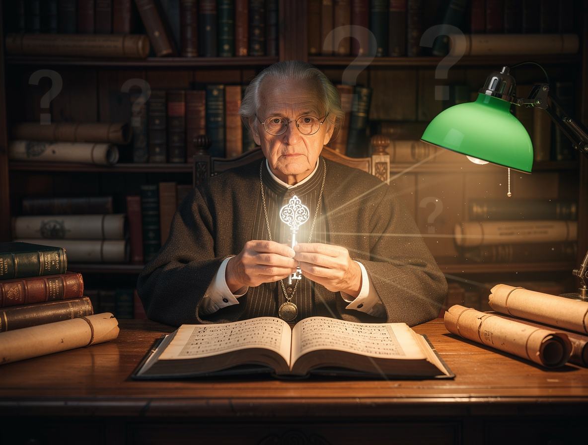 Мудрый старец держит светящийся ключ в уютной библиотеке, символизируя ответы на ключевые вопросы.