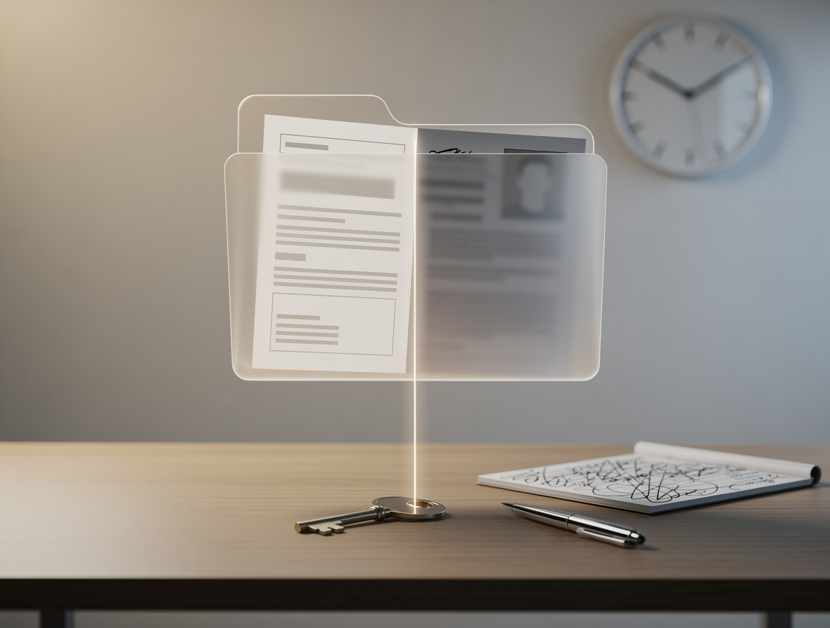 Символическое изображение обновления личных данных и кредитной истории в виде прозрачной папки и ключа на столе.