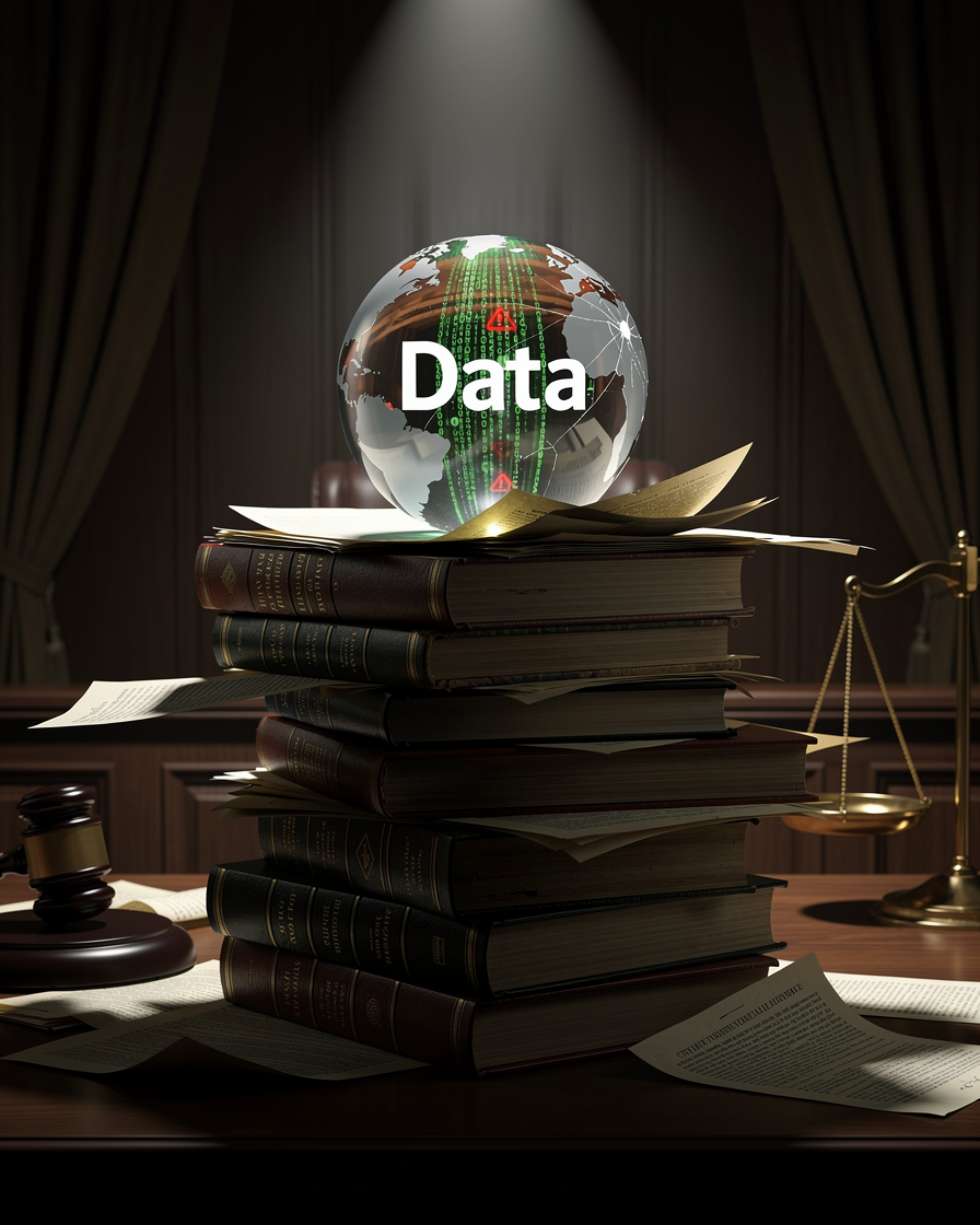 Хрупкий стеклянный шар с данными балансирует на неустойчивой стопке юридических документов в зале суда.